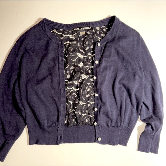 Karl Lagerfeld Women's Navy Cardigan with Lace Detail - Picture 1 of 4